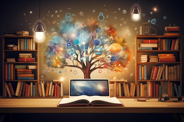 Open book with tree and light bulbs on background Education concept Ai Generated