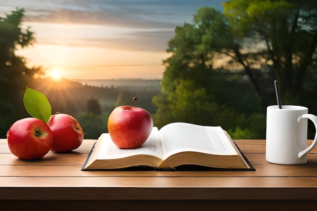 An open book with two apples on it and a sunset in the background