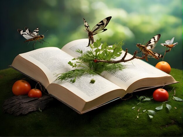 an open book with a waterfall trees and butterflies coming out of it