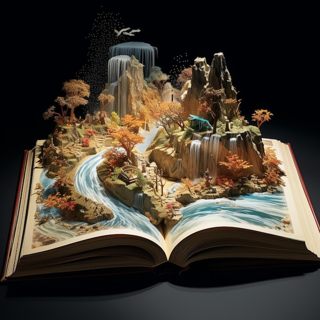 Photo an open book with a waterfall and a waterfall in the middle generative ai