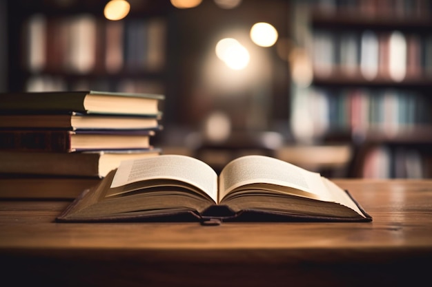 Open book on wood desk in the library room with blurred focus for background