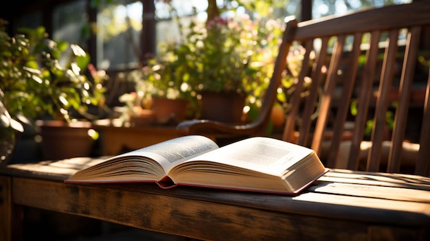 An open book on a wooden chair blur background