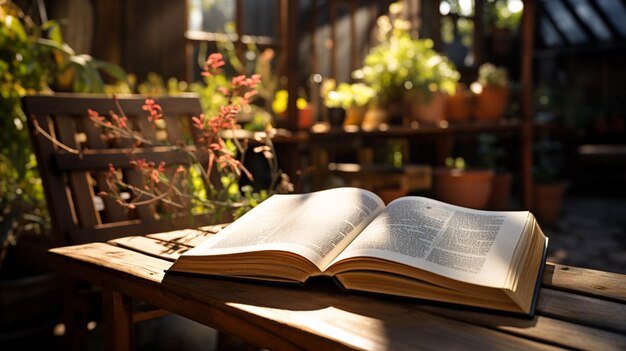 Foto un libro aperto su una sedia di legno sfocato sullo sfondo