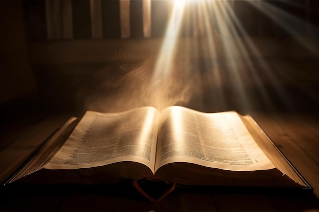 Photo open book on a wooden desk with light rays holy bible or quran