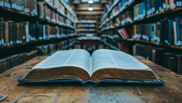 Open book on wooden table in library with blurred bookshelves background Concept of education knowledge and literature