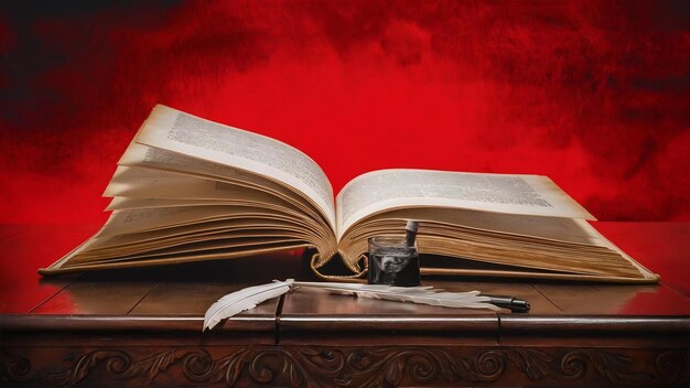 Open book on wooden table on red background