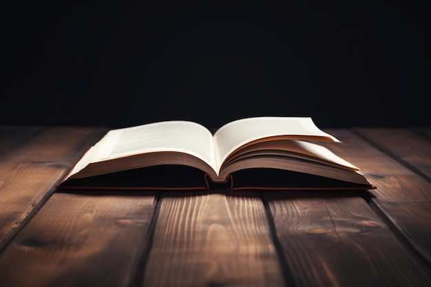 An open book on a wooden table with a black background