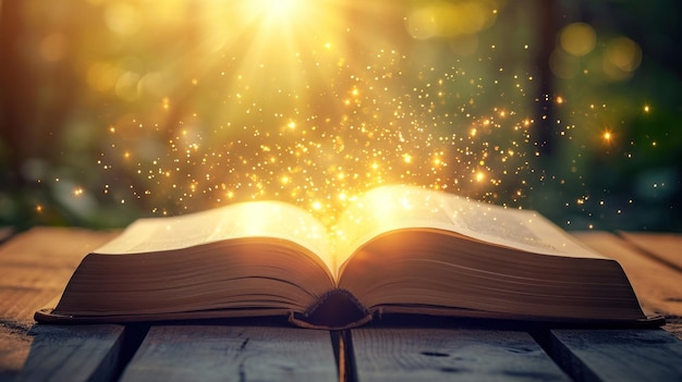 Open Book on Wooden Table With Bright Light Emitting