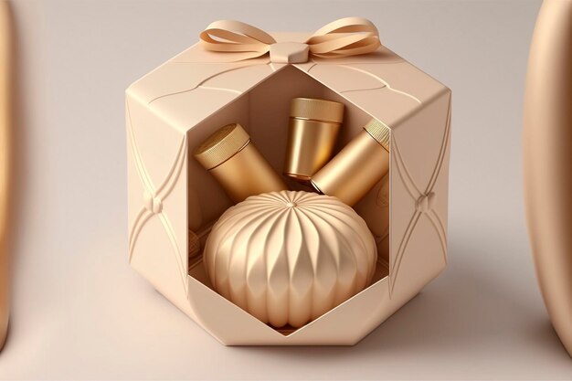 Open box display voor cosmetische productpresentatie aanwezig met gouden lint beige plat lag kerstmis