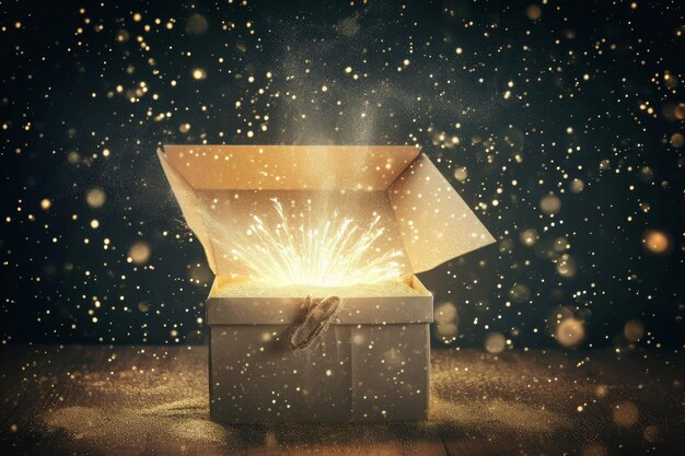 An open box emits a bright light illuminating its surroundings Open gift box with magical light emanating AI Generated