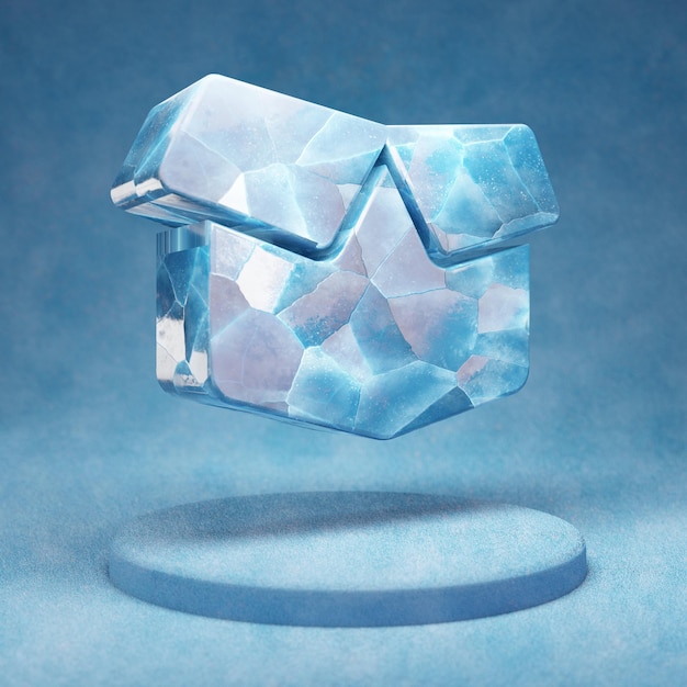 Open Box icon. Cracked blue Ice Open Box symbol on blue snow podium. Social Media Icon for website, presentation, design template element. 3D render.