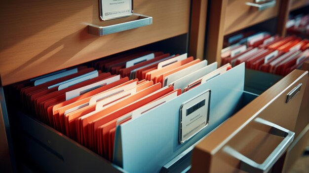 Photo open box with documents inside file cabinet office archival storage close