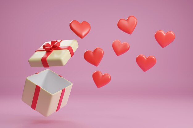 Open cadeau doos met rode harten geïsoleerd op een roze achtergrond 3d illustratie