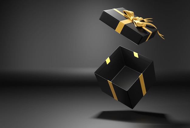 Open cadeau doos of cadeau doos met gouden lint en boog op zwarte achtergrond met schaduw 3D rendering