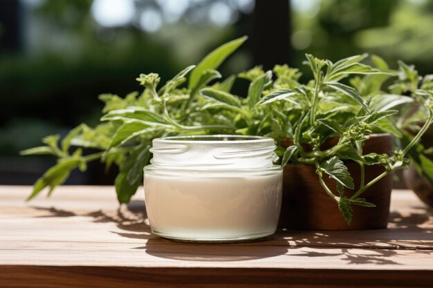 An open can of cream on a green background A glass jar of cream on a wooden stand on background of