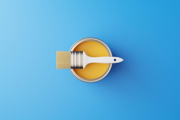 An open can of paint and a brush on a blue background Top view Repair concept 3D render illustration