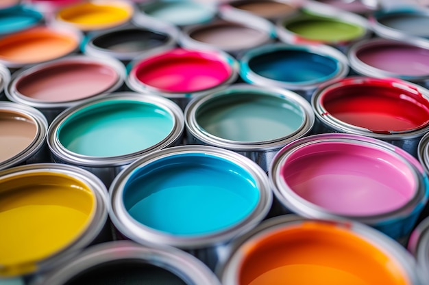 open cans of paint in many colors representing diversity and choice the jars are arranged in an attractive manner showcasing the full range of colors