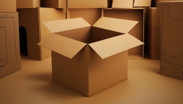 Open cardboard box against the background of a warehouse with boxes