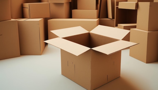 Open cardboard box against the background of a warehouse with boxes