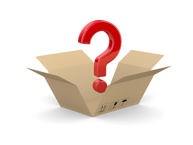 Open cardboard and question box on white background Isolated 3D illustration