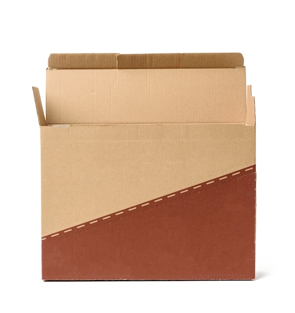 Open cardboard rectangular box made of corrugated brown paper isolated on a white background