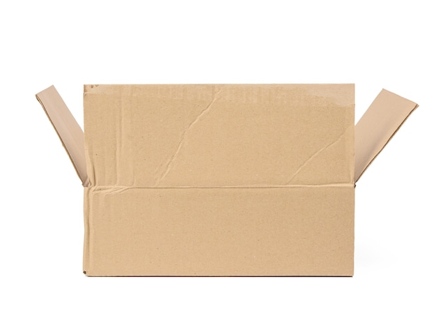 Open cardboard rectangular box made of corrugated brown paper isolated on a white