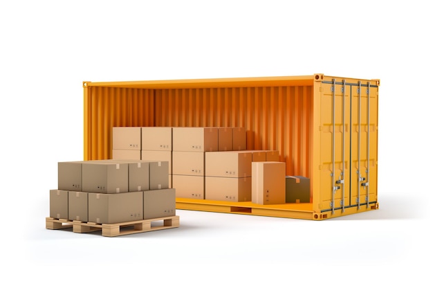 Open cargo container with cardboard boxes