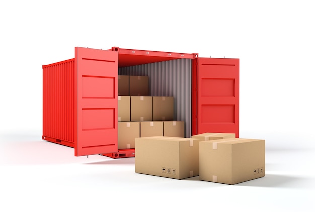 Open cargo container with cardboard boxes