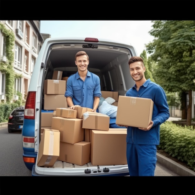 Open cargo van with cardboard boxes moving into new house Mover company service Generative AI