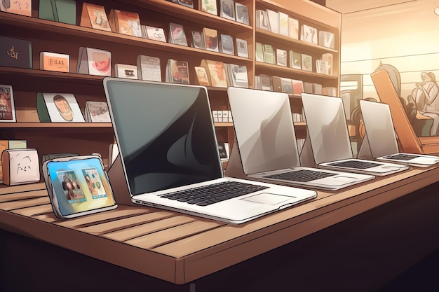 Open cartoon laptops stand on a shelf in a store AI generated