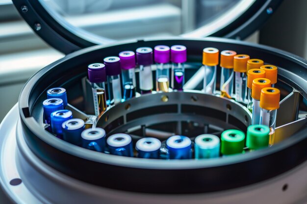 Фото Откройте центрифугу с цветными флаконами жидкости, готовыми к вращению
