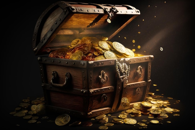 An open chest full of gold coins on black background Generative AI