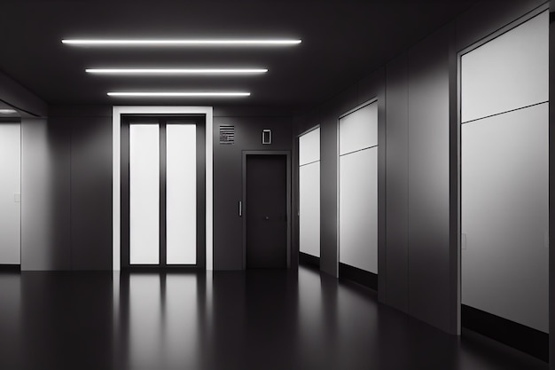 Open and closed elevator doors in hallway office gray color 3d illustration