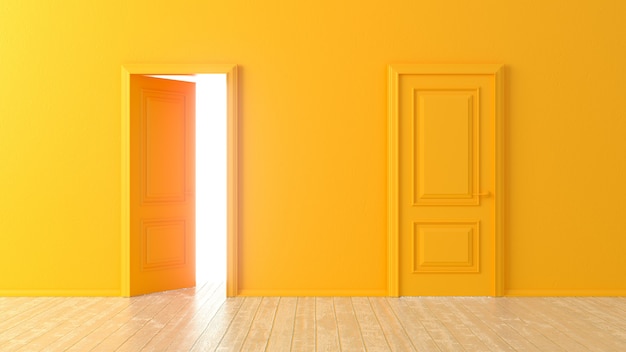 Open and closed orange doors in front of a room with a wooden floor. Isolated empty room