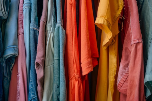Open closet with unorganized random colorful hanging clothes Generative AI