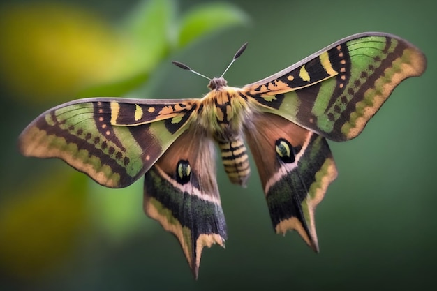 Открытая красочная экзотическая бабочка на размытом зеленом фоне. Генерируется ИИ.