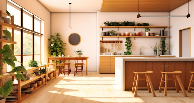 An open concept kitchen with an island and some plants in the background