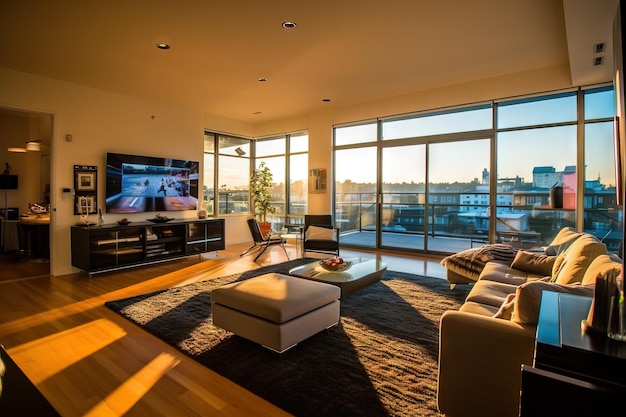 Open concept living room on a modern house at golden hour