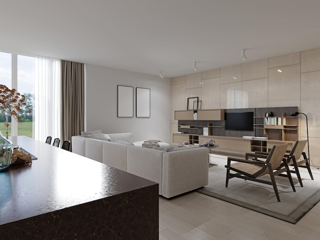 Open concept of a living room with kitchen and white furniture in a contemporary style 3d rendering