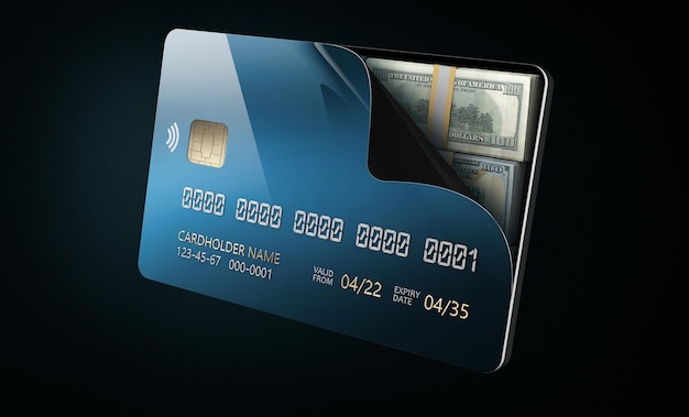 Open Credit card with dollars banknotes clipping path included 3d Rendering