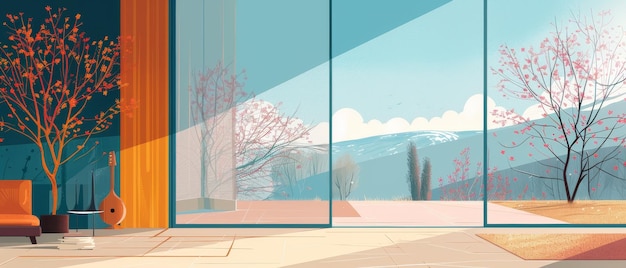 Open deur naar voorjaarslandschap met bloeiende bomen Platte cartoon moderne illustratie Bomen met ronde kronen onder blauwe lucht Korridorinterieur met raam met uitzicht op voorstedelijk gebied met oud huis