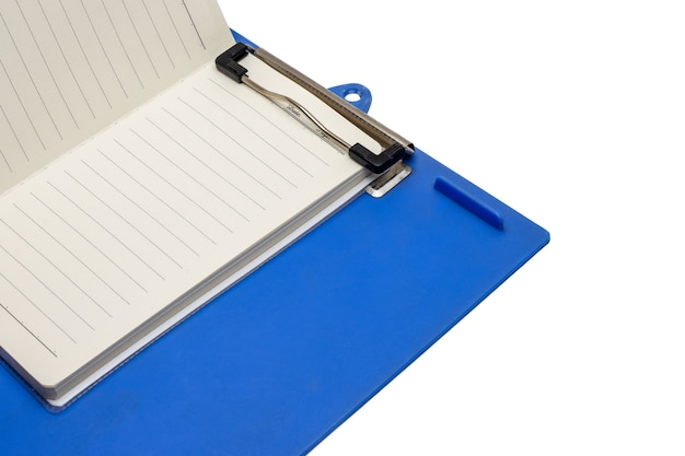 An open diary on a blue old clipboard with copy space