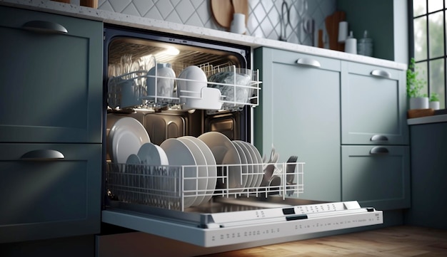 Open dishwasher with clean dishes inside in kitchen Generative Ai