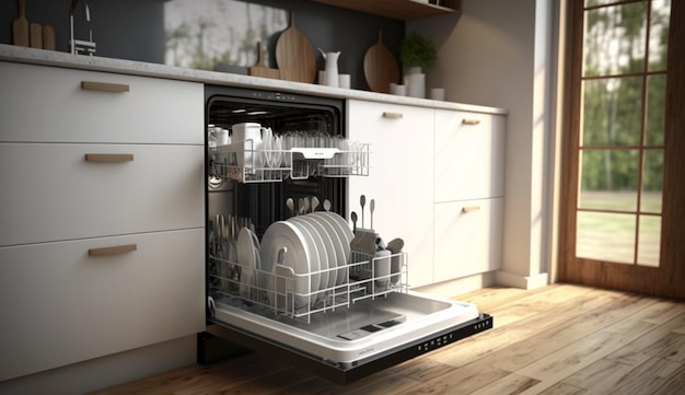 Open dishwasher with clean dishes inside in kitchen Generative Ai