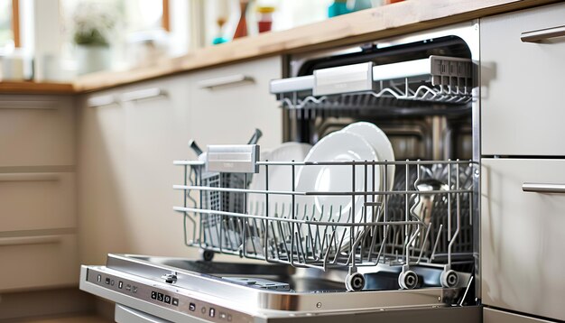 Open dishwasher with clean dishes in the white kitchen