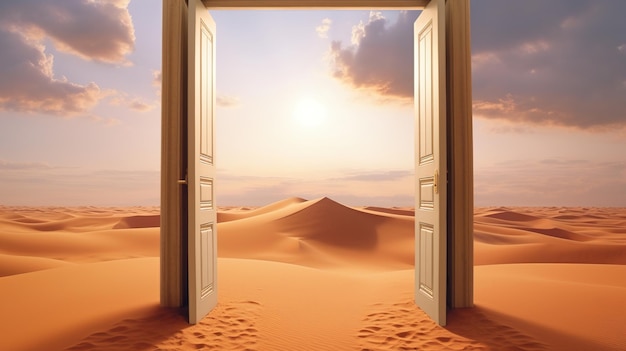 An open door to a desert with the words