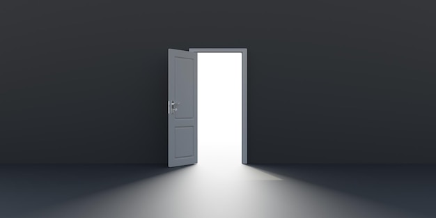 open door on empty black wall background light enters from opening in dark room 3d