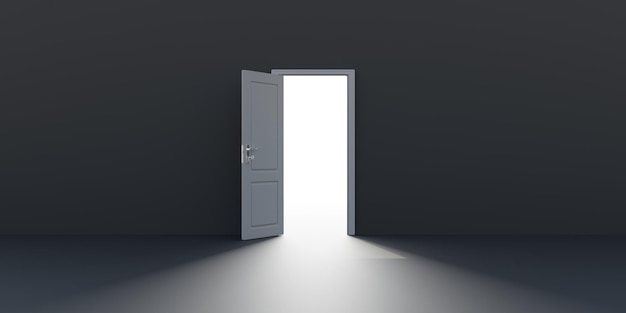 Open door on empty black wall background light enters from
opening in dark room 3d