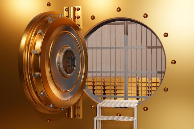 Photo the open door of the huge bank vault storage room with gold bars inside 3d rendering