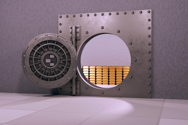 The open door of the huge bank vault Storage room with gold bars inside Concept of protection and